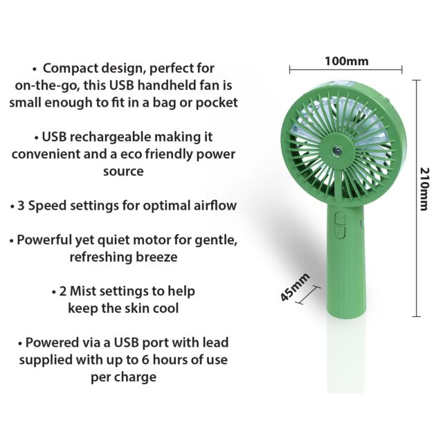 Electrovision (ALTAI) EH1950G Green USB Rechargeable Hand Held Mist Fan With Bottle