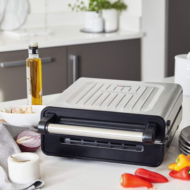 George Foreman 28000 Smokeless Grill, Griddle Hot Plate With Built In Drip Tray, Medium, Stainless S