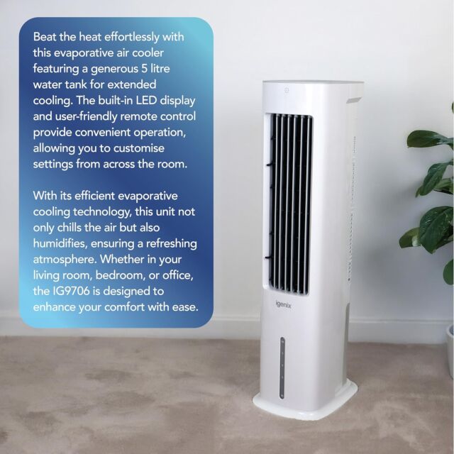 IGENIX IG9706 Air Cooler With Remote, Led Display, 3 Fan Speeds With Oscillation Function, 7 Hour Ti