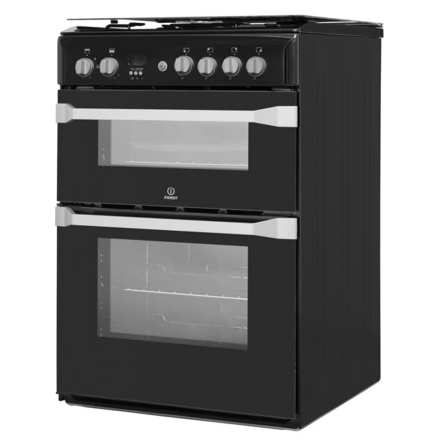 Indesit ID60G2K 60Cm Gas Double Oven Lidded Black - Lpg Jets Chargeable