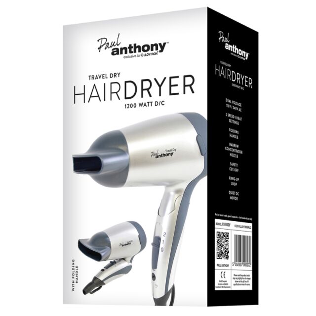 lloytron H1010SV Silver/Grey 1200W Dual Voltage Folding Travel Hair Dryer With 2 Heat Settings And S