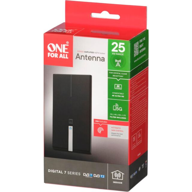 one for all SV9425 44Db Indoor Aerial - 5G Filter - Within A Range Of 15 Miles – 4K Ultra Hdtv