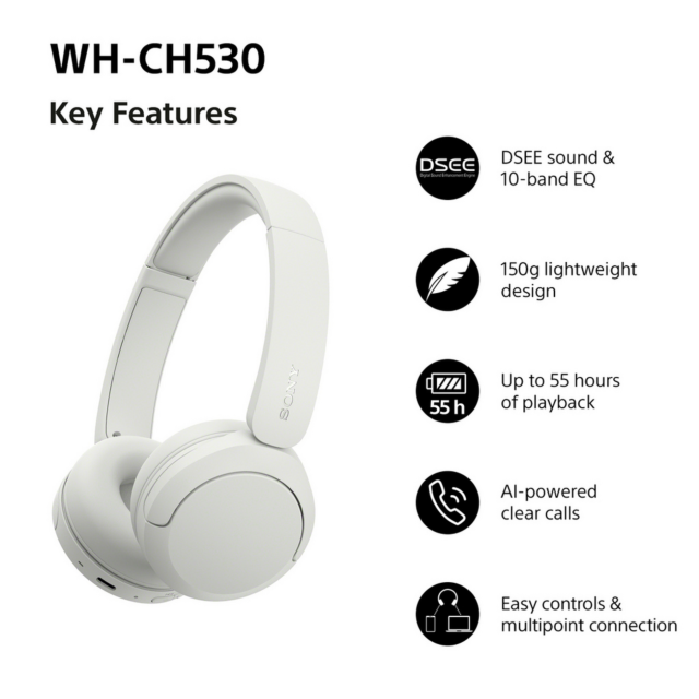 Sony WH-CH530W.CE7 Wireless Over Ear Headphones White