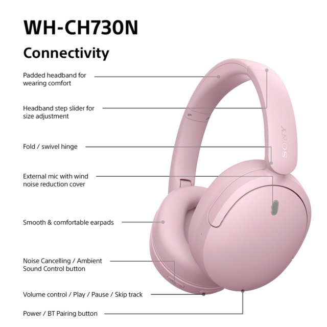 Sony WHCH730NP.CE7 Wireless Noise Cancelling Headphones Pink