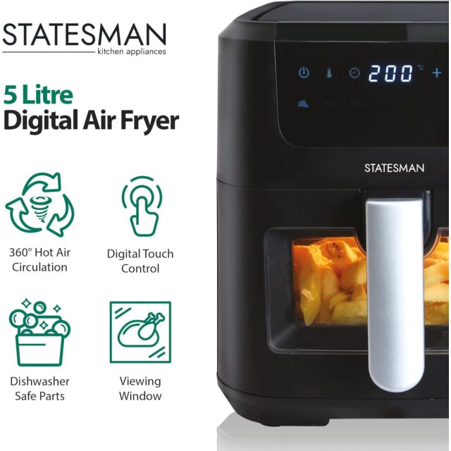 Statesman SKAF05015BK 5L Digital Air Fryer 8 Pre Set Cooking Programes