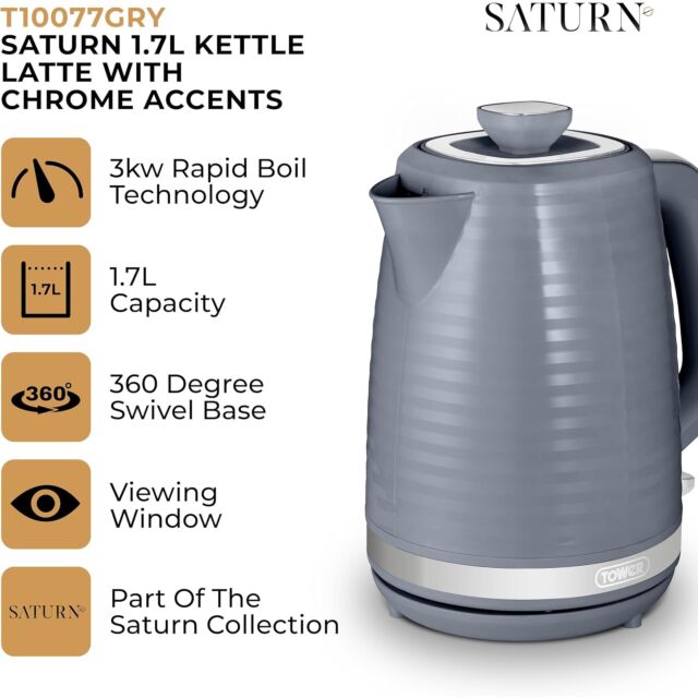 Tower T10077GRY 3Kw 1.7L Saturn Kettle With Quick Boil, Grey And Chrome