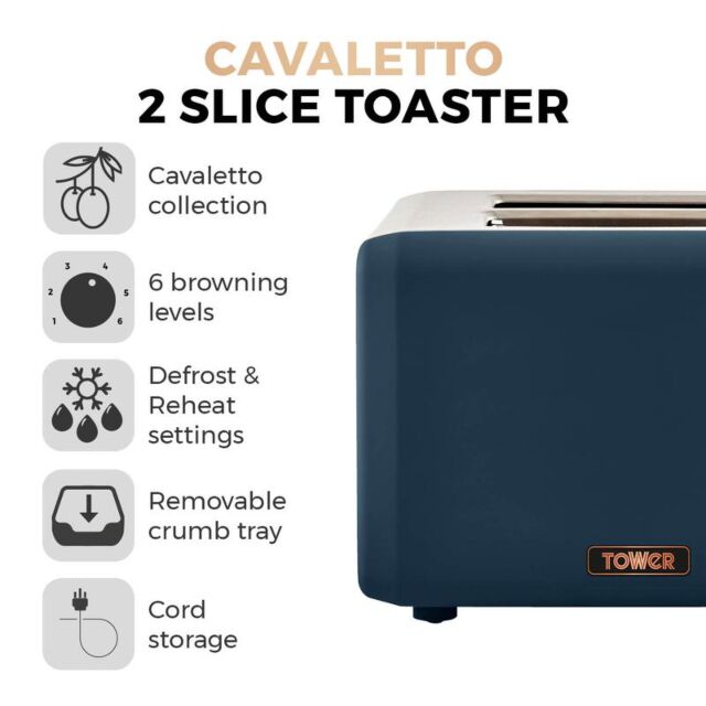 Tower T20036MNB Cavaletto 2 Slice Toaster S/S Midnight Blue & Rose Gold Accents