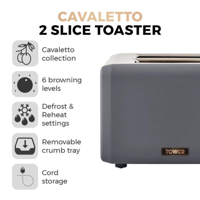 Tower T20036RGG Cavaletto 2 Slice Toaster S/S Grey And Rose Gold Accents